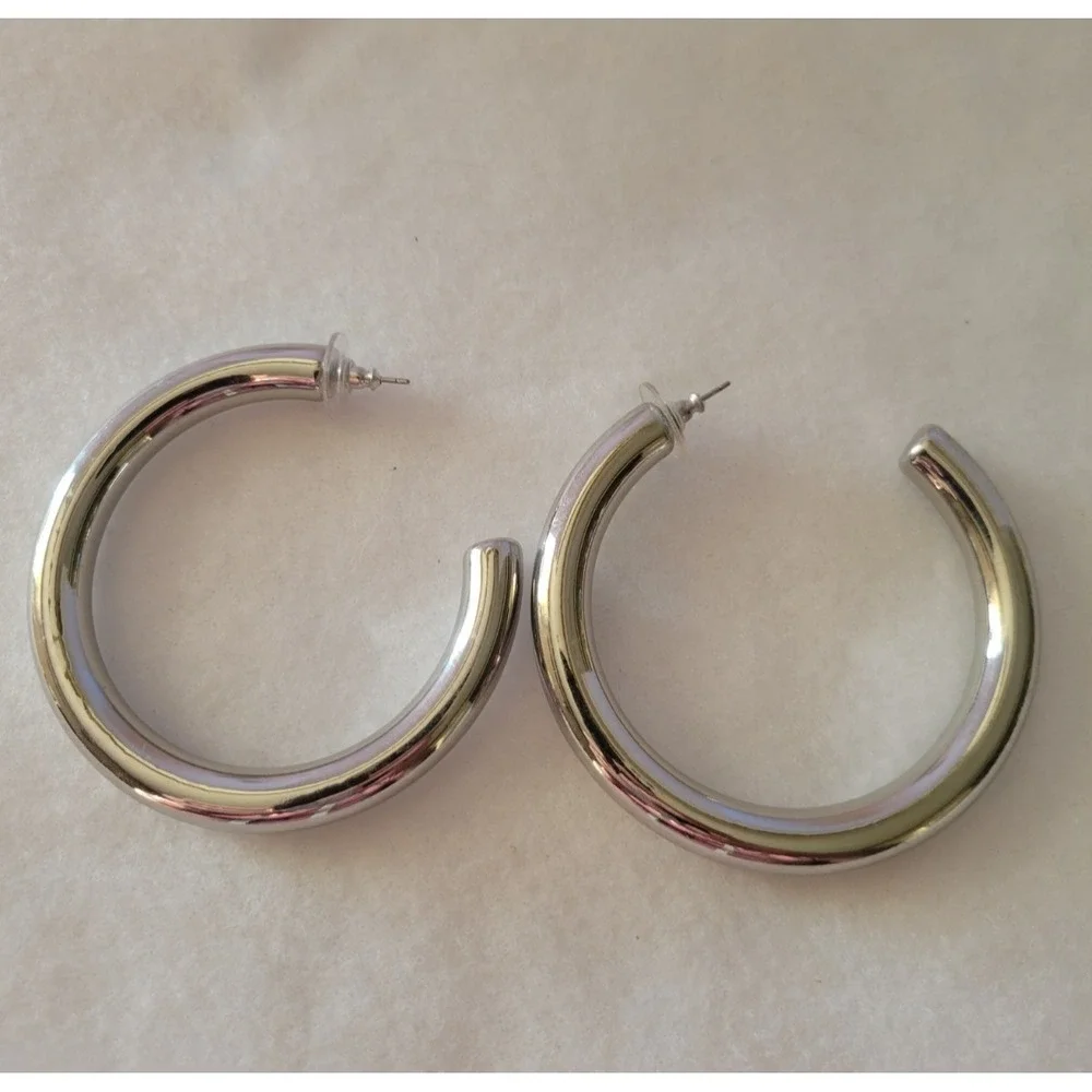 Hoop Pierced Earrings Chunky Silver Tone Hollow‎ Tube Minimalist Silver 2